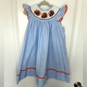 Lil Cactus Girls Thanksgiving Turkey Smocked Light Blue Pinstripe Dress Size 2T